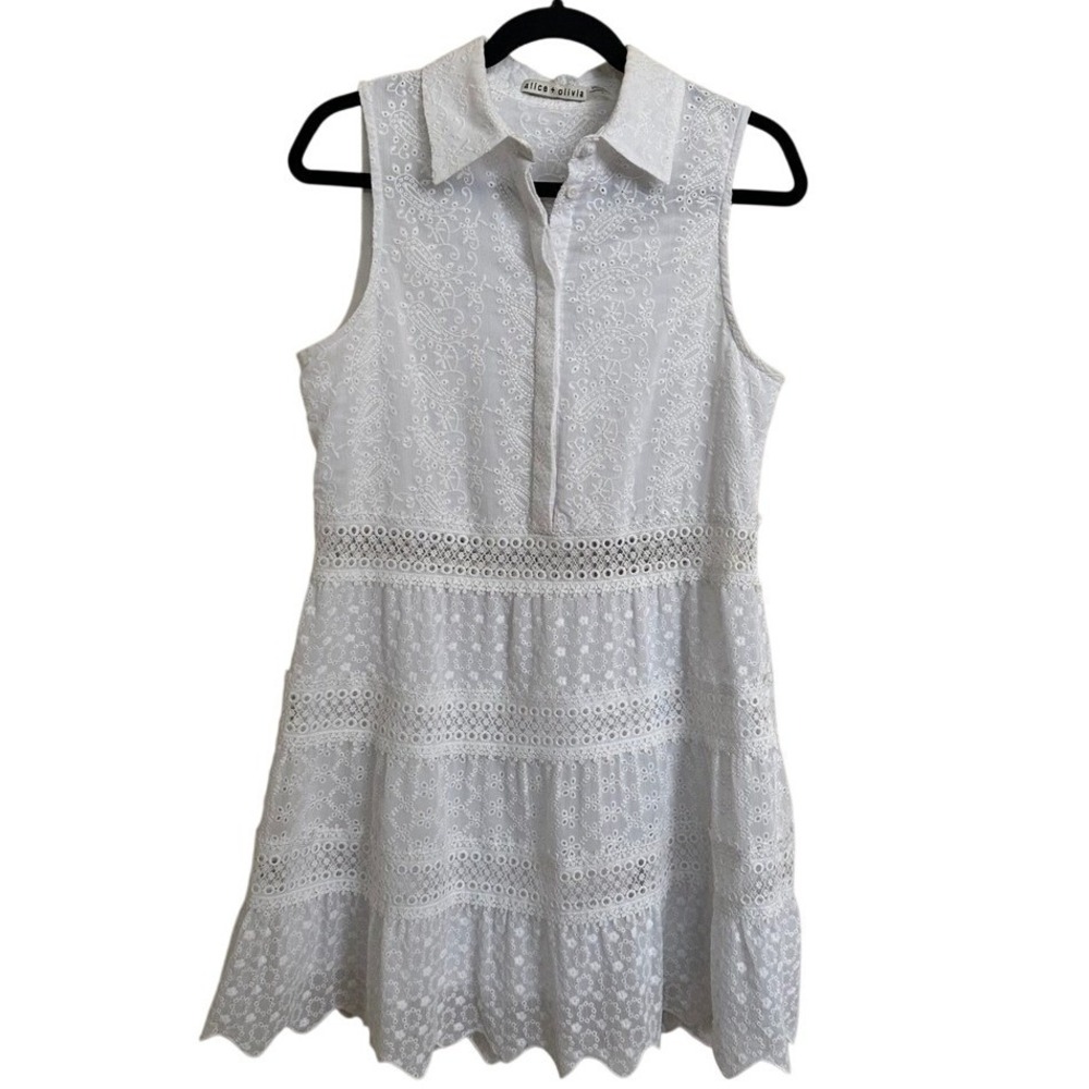 Alice + Olivia White Eyelet Lace Tiered Sleeveless Shirt Dress‎ - Size 4